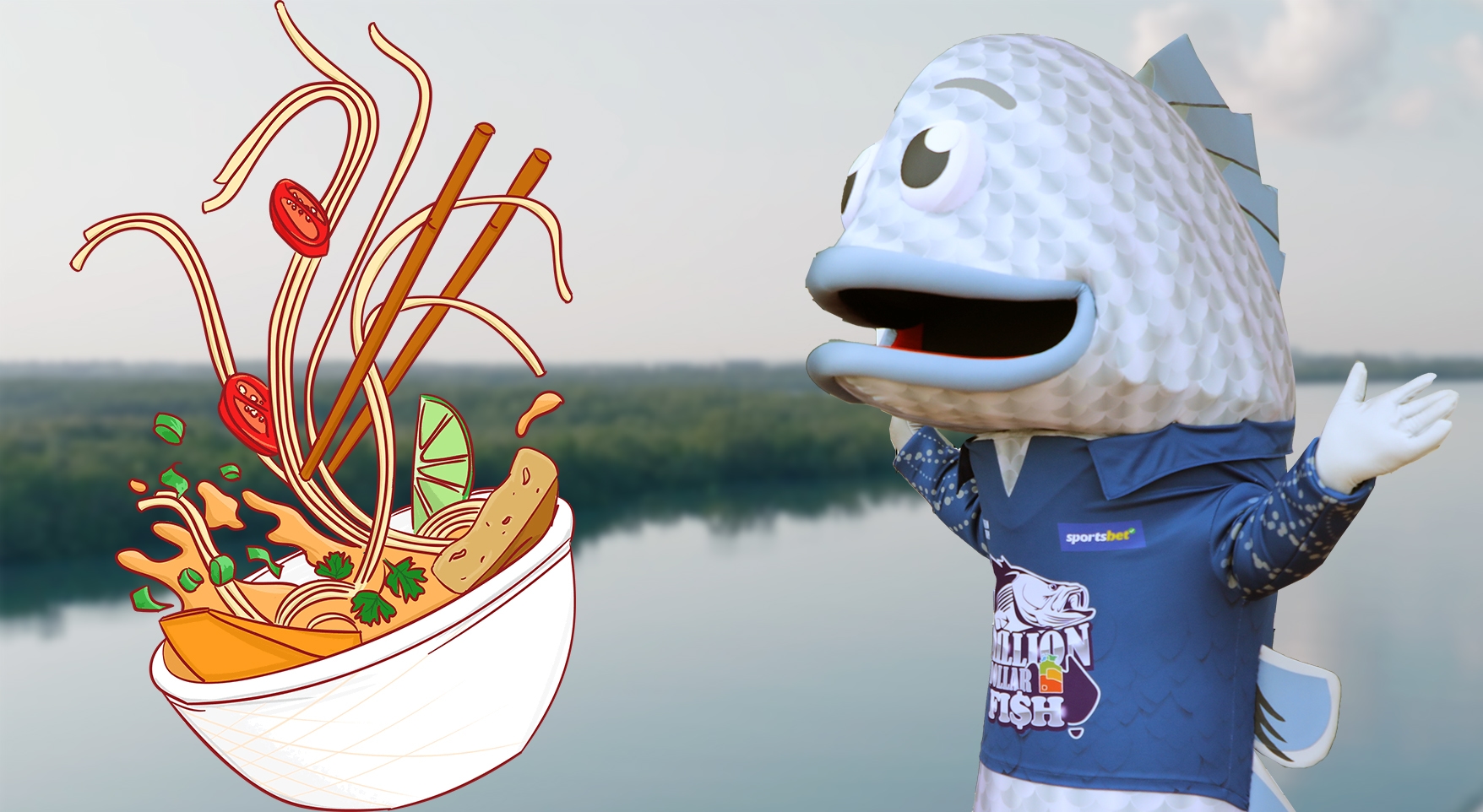 A fish mascot poses excitedly beside a floating bowl of noodles with chopsticks, lime, and vegetables, set against a blurred water background.