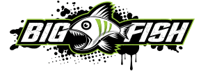 Logo of "Big Fish" featuring a stylised fish with sharp fins and an open mouth, outlined in green and black.