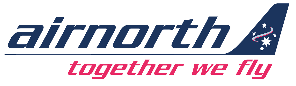 Logo of Airnorth with the text "airnorth" in blue and "together we fly" in red, featuring a stylised tail with stars and a swoosh.