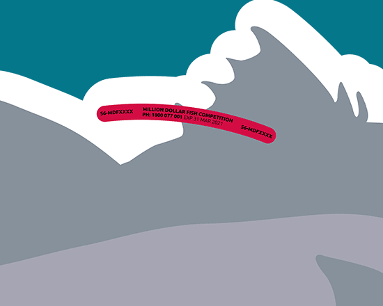 Illustration of a fish with a red tag labeled "Million Dollar Fish Competition" against a blue and white background.