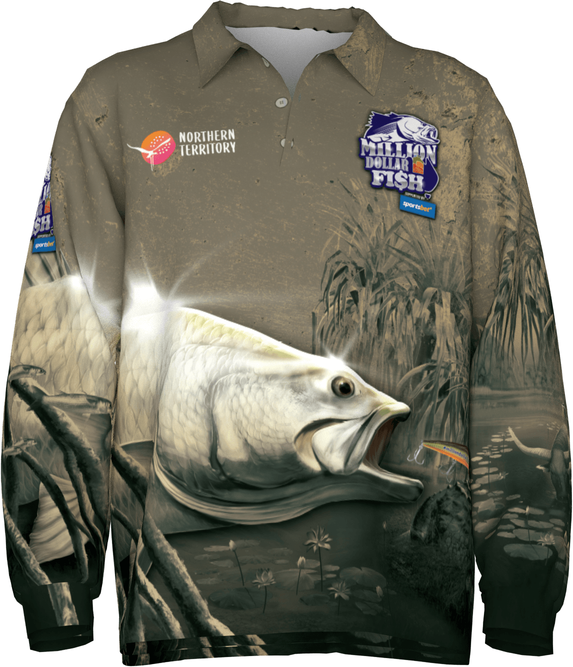 Front view of a long-sleeve fishing shirt featuring Northern Territory and Million Dollar Fish branding. The shirt has an earthy khaki and grey colour palette with a large barramundi illustration across the lower front, surrounded by wetland imagery including mangroves, lily pads and water reflections. The Northern Territory logo appears on the left chest, while the Million Dollar Fish logo and SportsBet sponsor logo appear on the right chest and sleeve. Bright highlights on the barramundi create a metallic, prize-fish effect, reinforcing the Million Dollar Fish competition theme.