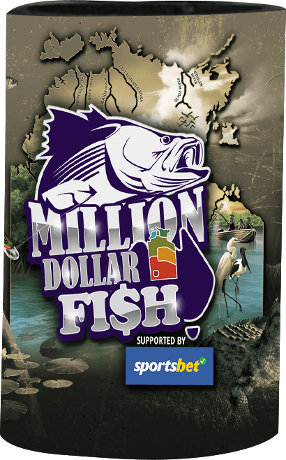 Million Dollar Fish branded stubby cooler featuring a large central Million Dollar Fish logo with SportsBet branding beneath. The design incorporates a map of the Northern Territory showing major river systems, overlaid on a montage of iconic Top End fishing and wetland imagery. Visual elements include a barramundi, fishing lure, crocodile, waterbirds, lily pads, waterways and a small fishing boat. The colour palette uses earthy khaki, green, blue and black tones, reflecting the Northern Territory’s aquatic landscapes and recreational fishing culture.